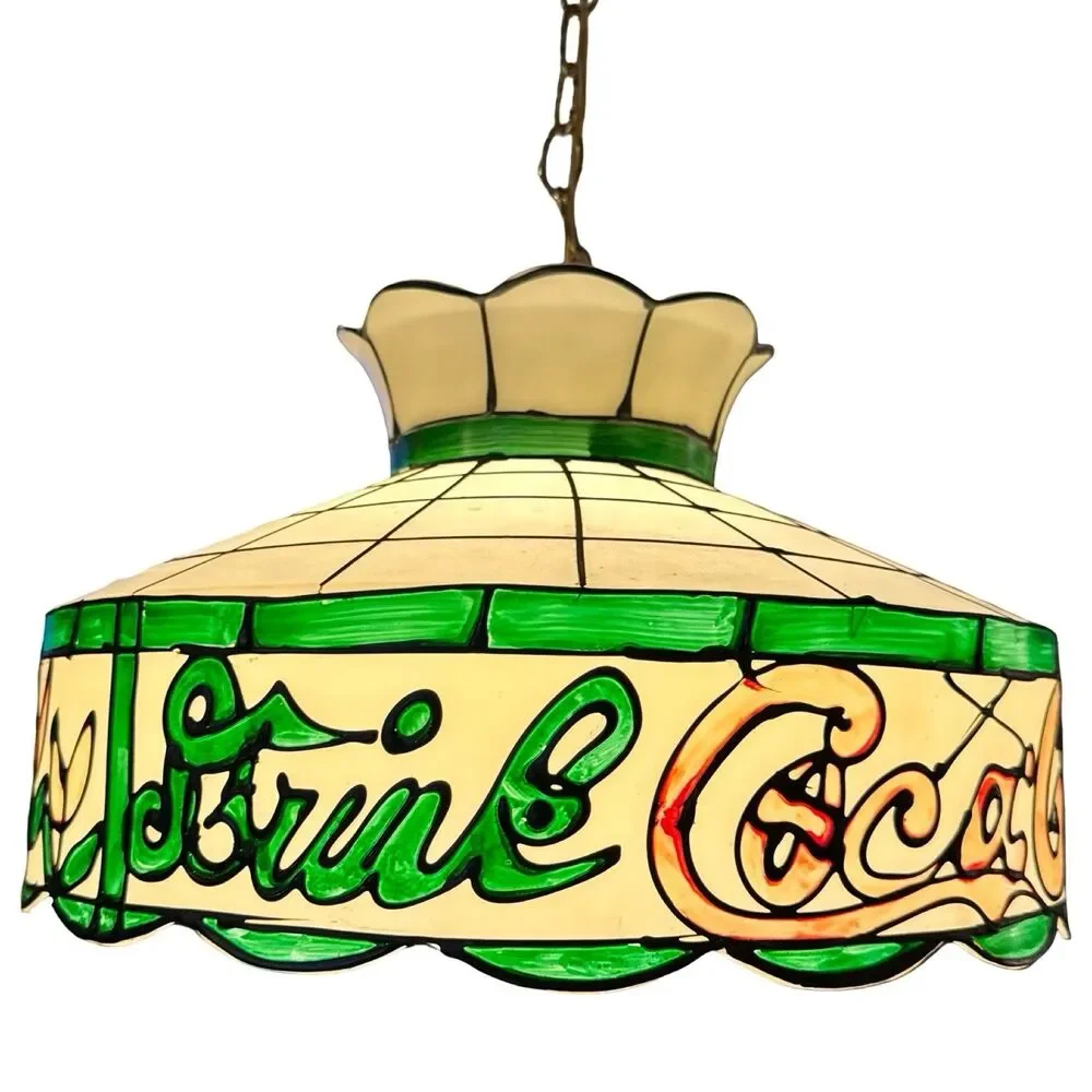 Vtg Faux Stained Glass‎ Tiffany Hanging Ceiling Light Lamp Shade Coca Cola 17”